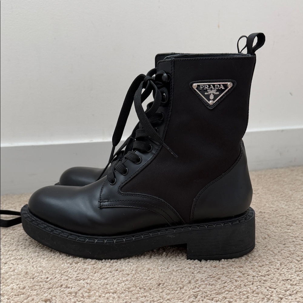 Prada Monolith Leather Combat Boots Black Triangle Logo Lug Sole EU 39 / US 8.5